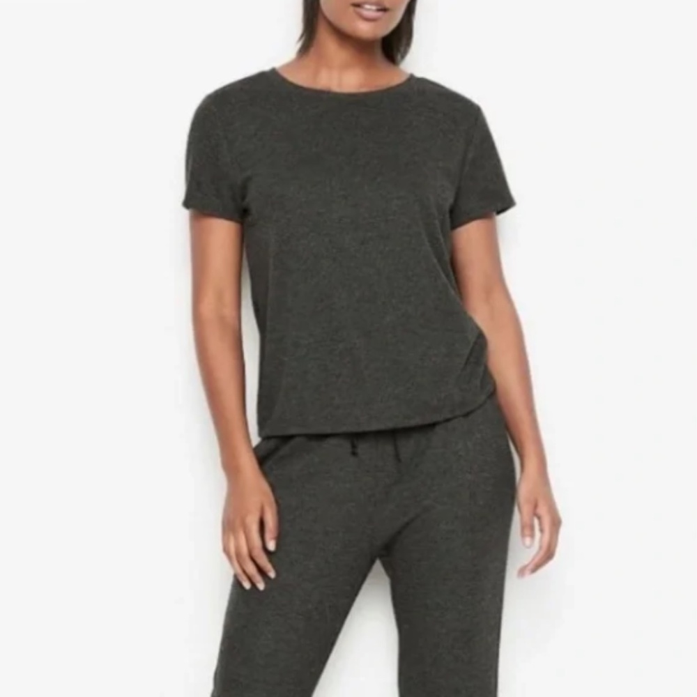 Victoria’s Secret Dark Grey Waffle Knit Top, Cozy Short Sleeve, Size Medium